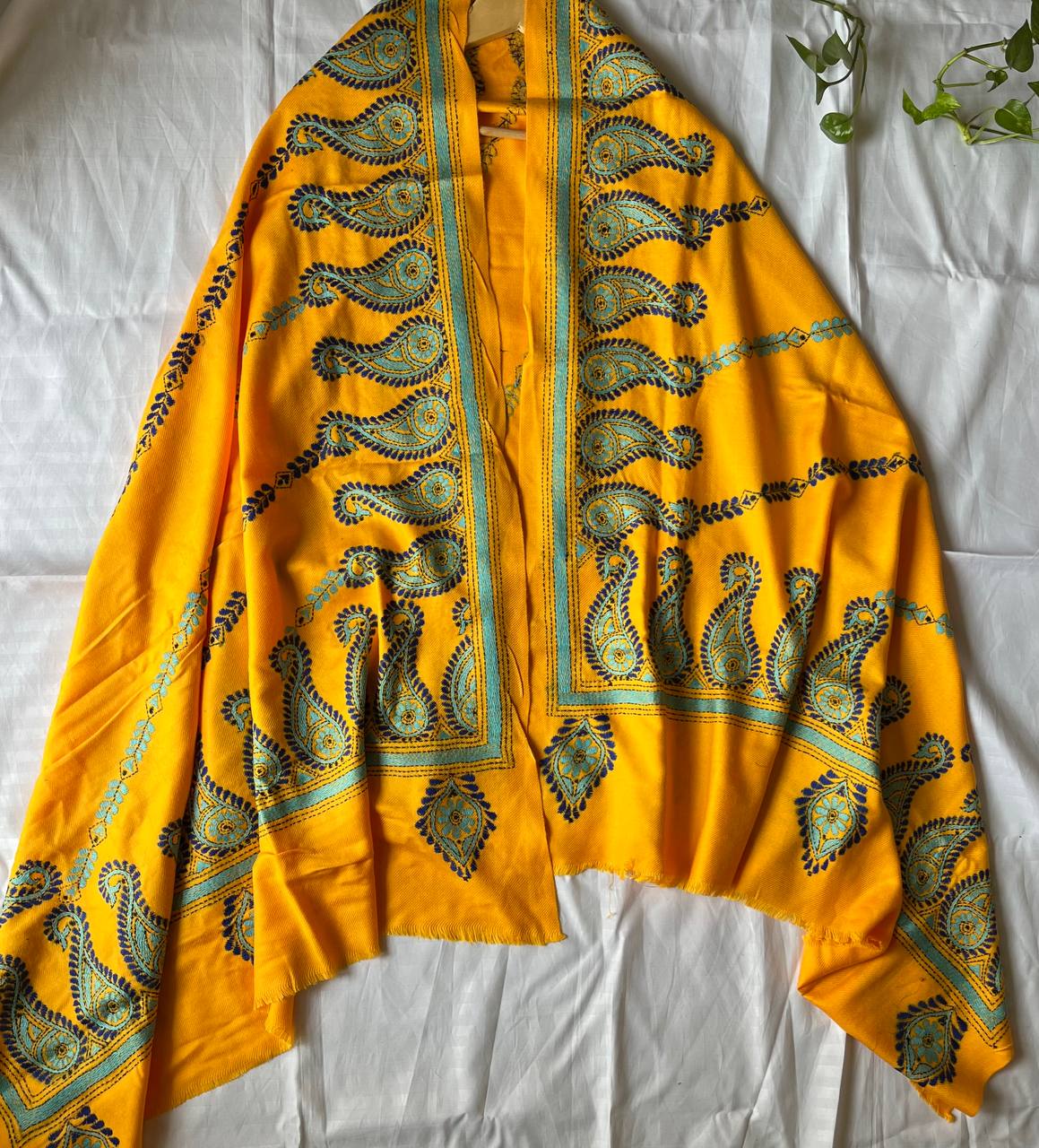 Kantha Hand Embroidered Warm Shawl (Yellow)