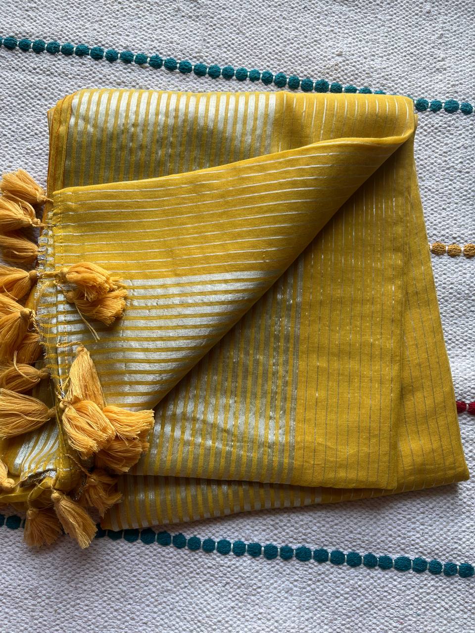 Mul Cotton Golden Tissue Lining Saree – Yellow