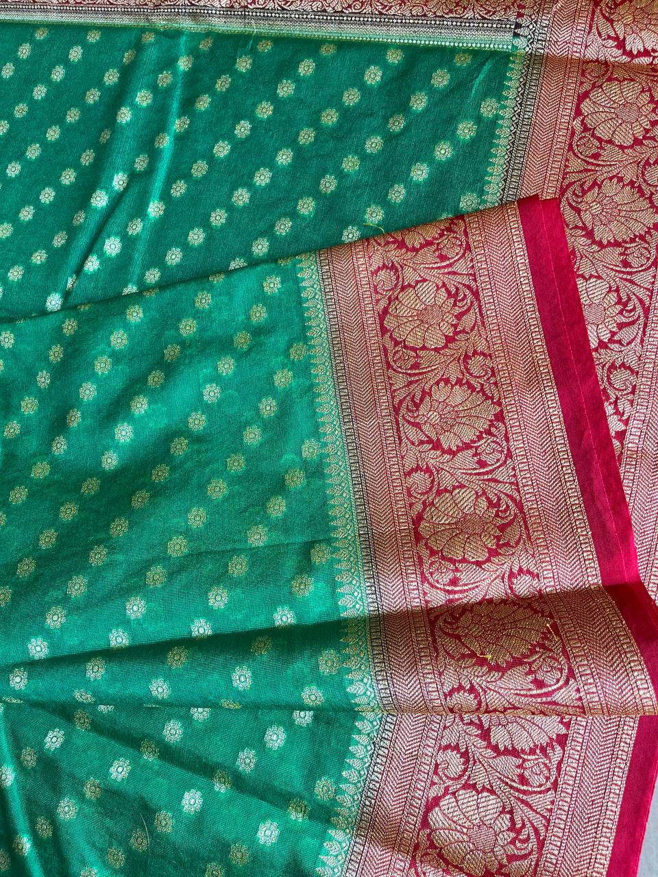 Green Banarasi Semi Georgette Silk Sarees With Unstitched Running Blouse