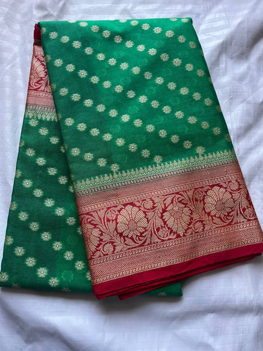 Green Banarasi Semi Georgette Silk Sarees With Unstitched Running Blouse