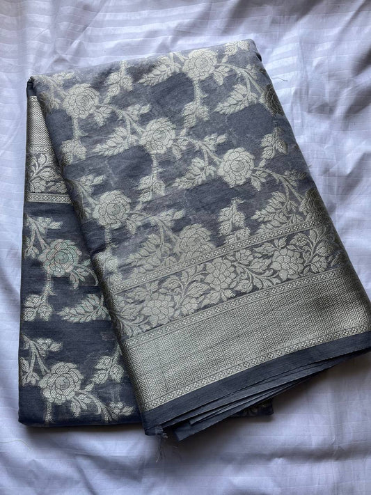 Grey Banarasi Semi Georgette Silk Sarees with Unstitched Running Blouse