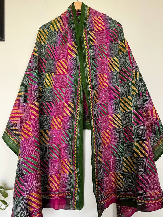 Kantha Hand Embroidary Full Work Tye Dye Semi Tusshar Silk Dupatta