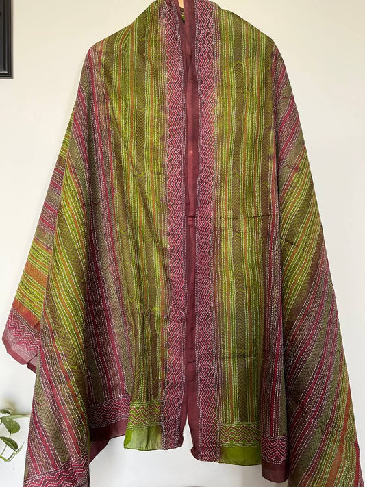 Kantha Hand Embroidary Full Work Tye Dye Semi Tusshar Silk Dupatta