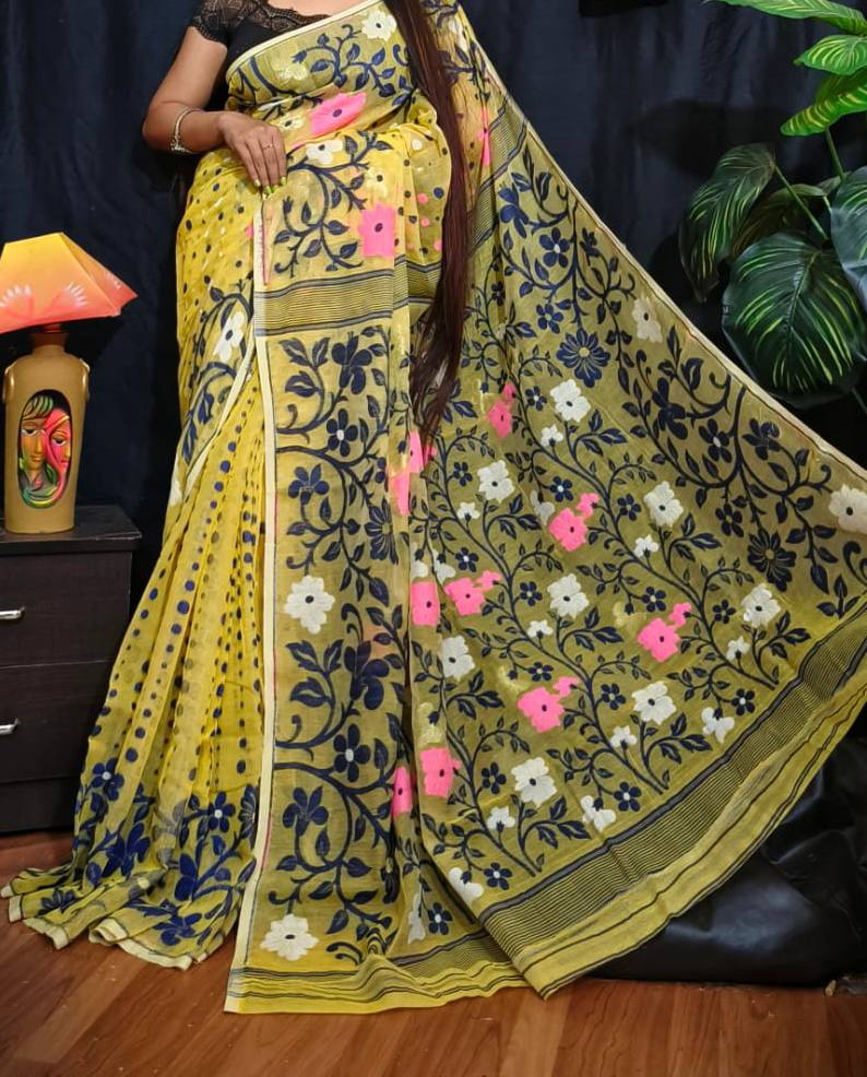 Soft Dhakai/Jamdani Handloom Saree – Yellow