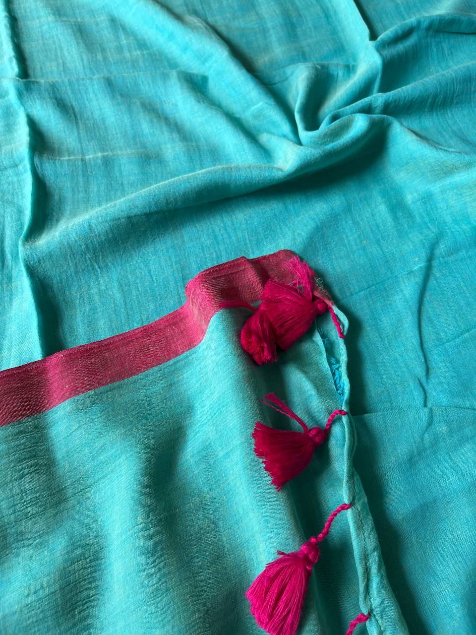 Plain Mul Cotton Saree- Sea Blue