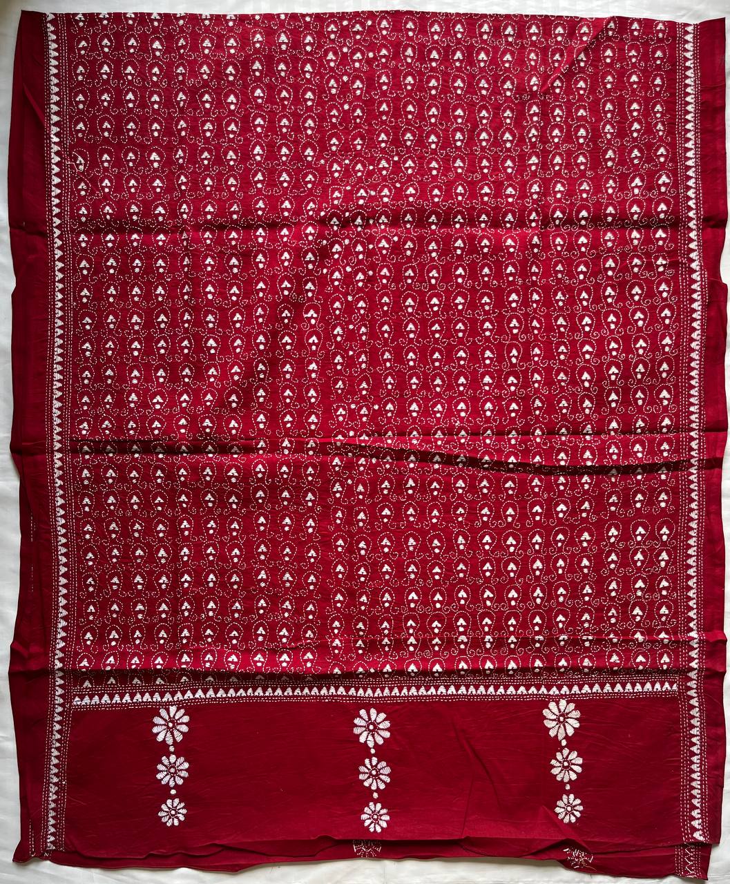 Kantha Hand Embroidary Full Work Pure Cotton Dupatta - Red