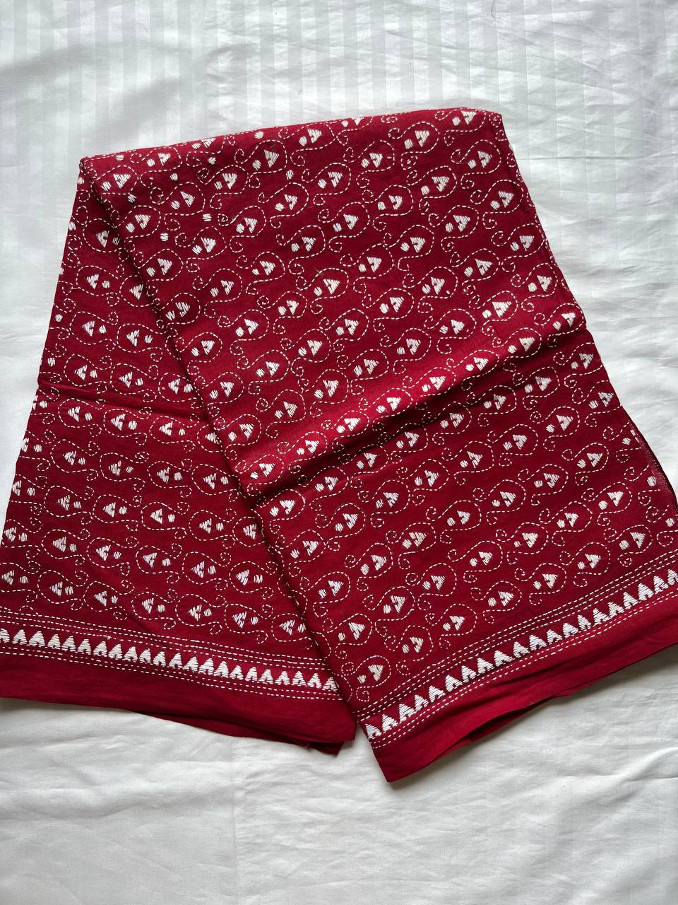 Kantha Hand Embroidary Full Work Pure Cotton Dupatta - Red