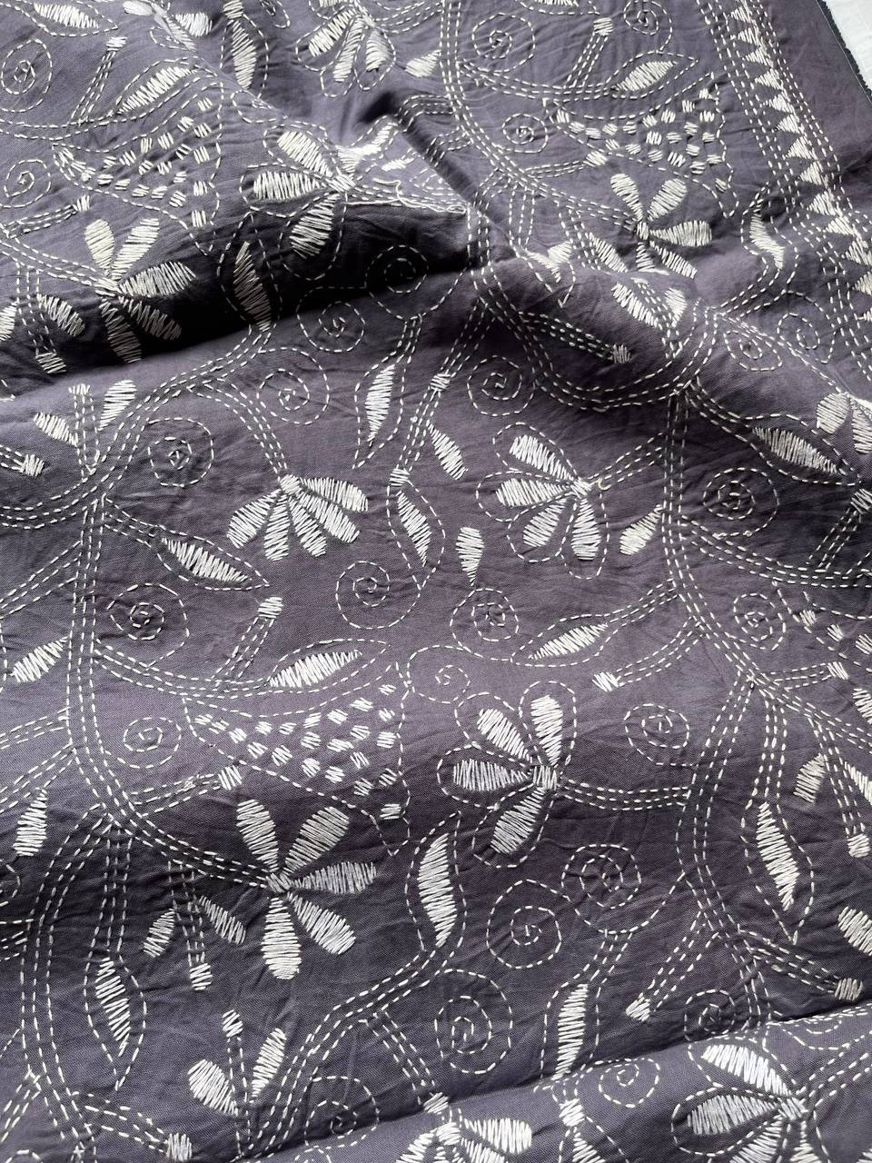 Kantha Hand Embroidary Full Work Pure Cotton Dupatta- Grey