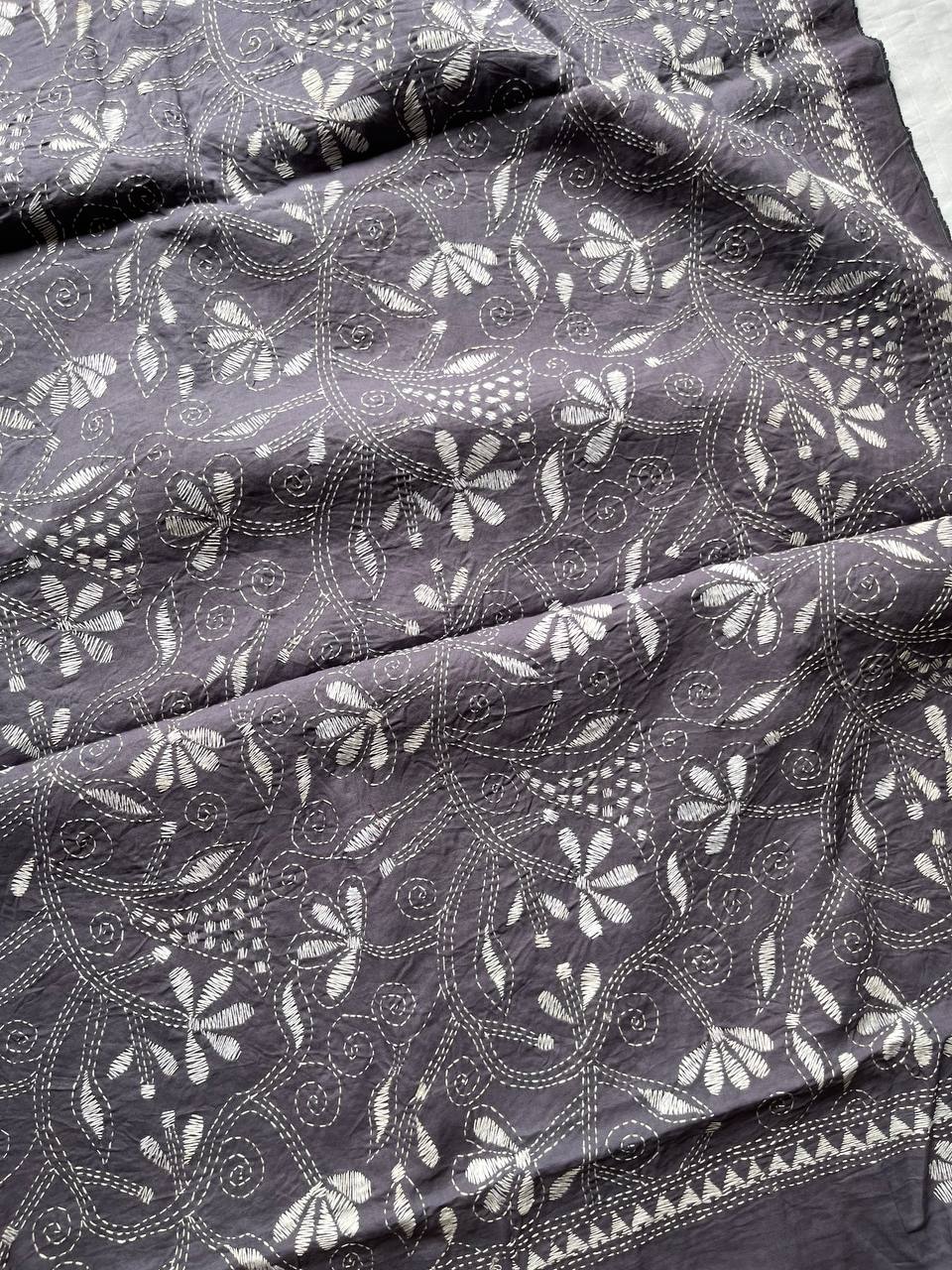 Kantha Hand Embroidary Full Work Pure Cotton Dupatta- Grey