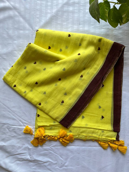 Printed Mul Cotton Saree- Yellow