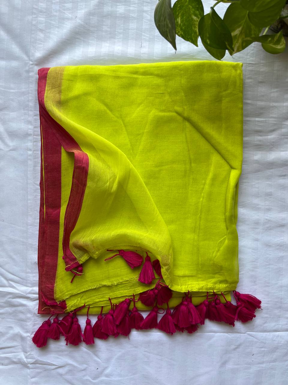 Plain Mul Cotton Saree- Florocent Green