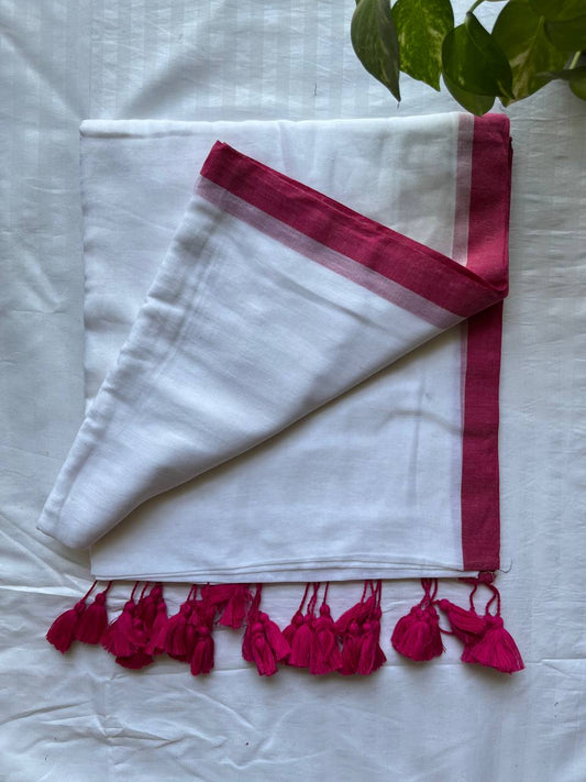 Plain Mul Cotton Saree- White Pink