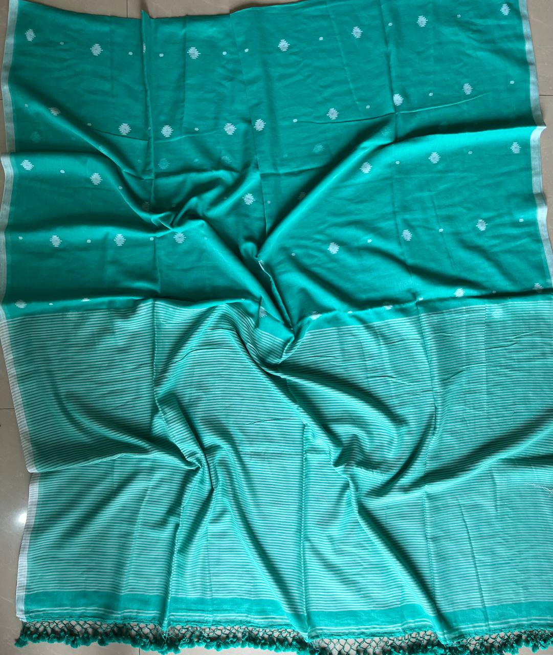 120 Count Mul Cotton Jamdani Butta Saree - Sea Green