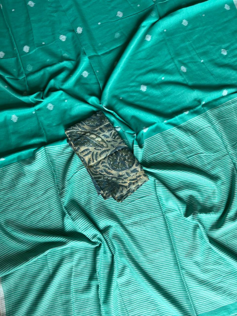 120 Count Mul Cotton Jamdani Butta Saree - Sea Green