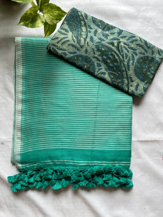 120 Count Mul Cotton Jamdani Butta Saree - Sea Green