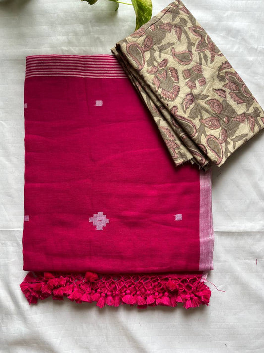 120 Count Mul Cotton Jamdani Butta Saree- Rani Pink