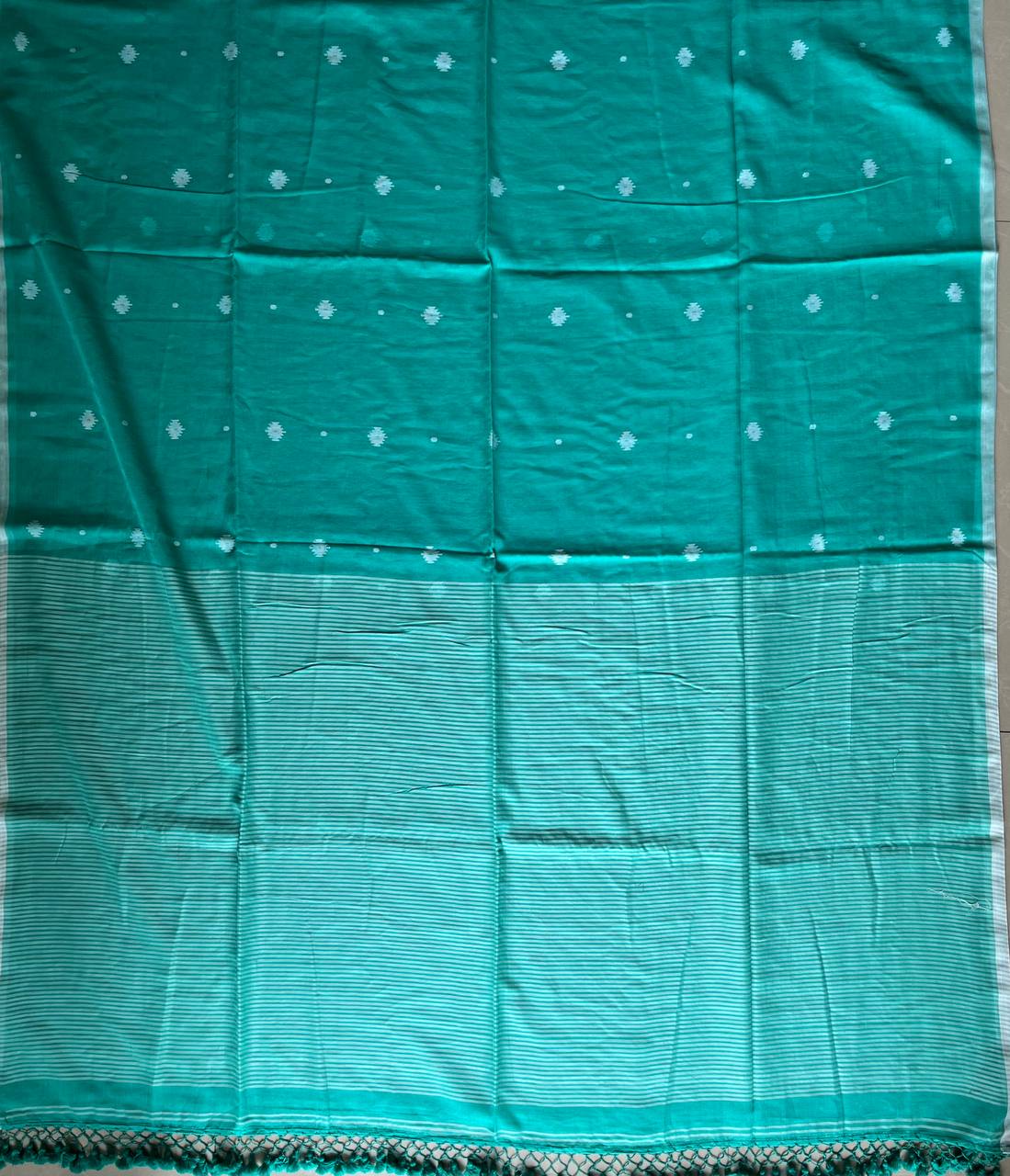 120 Count Mul Cotton Jamdani Butta Saree - Sea Green