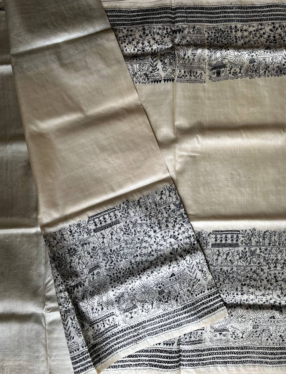 Off White Kantha Hand Embroidered Pure Tussar Silk Saree (Silk Marked)