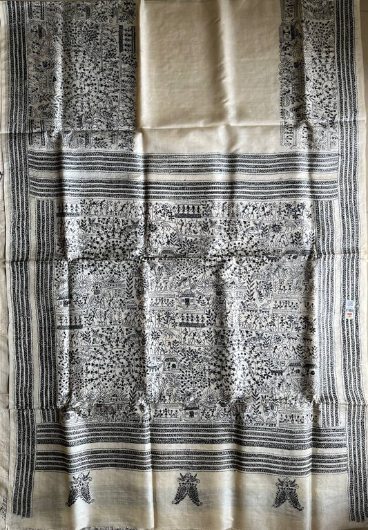 Off White Kantha Hand Embroidered Pure Tussar Silk Saree (Silk Marked)