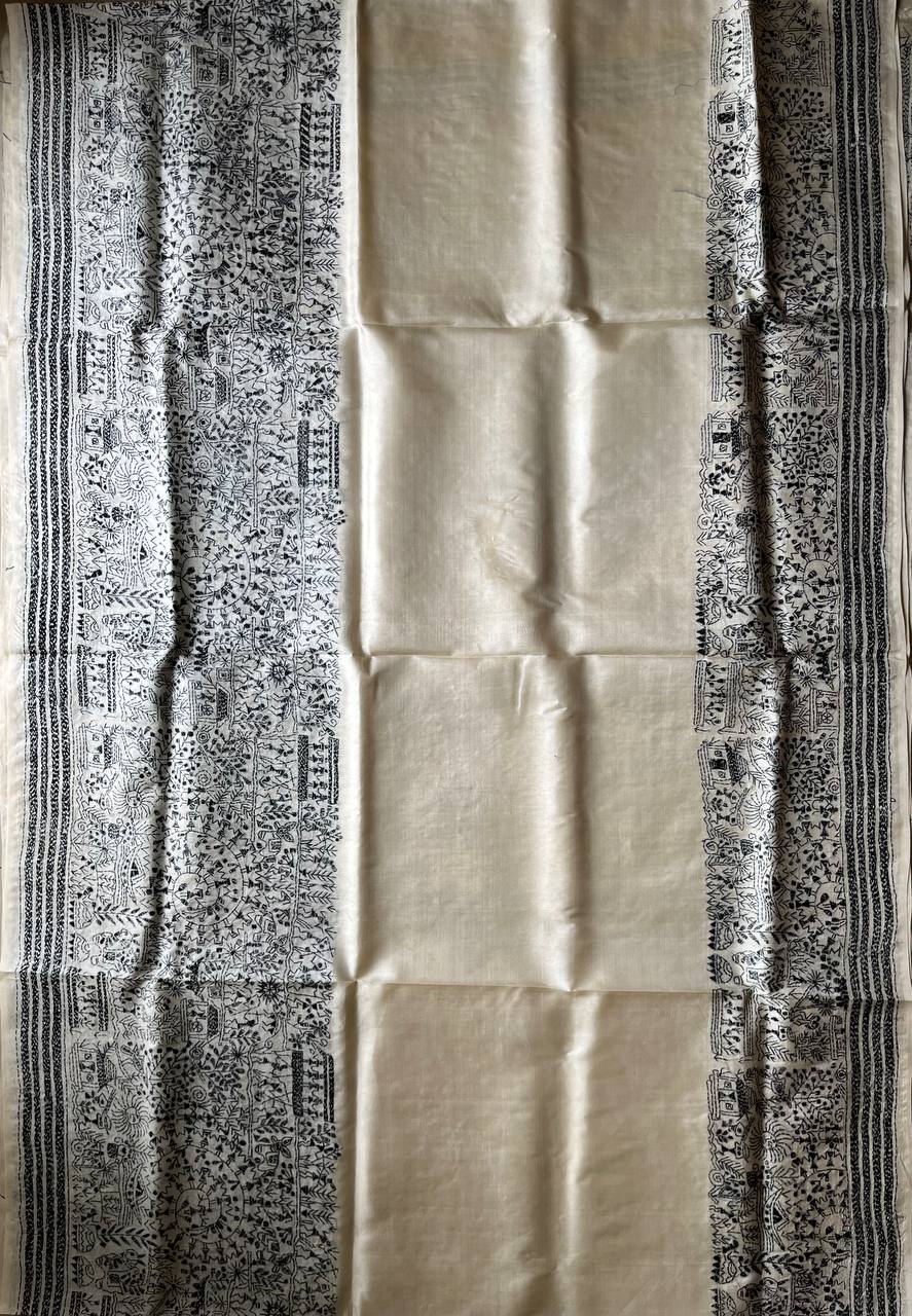 Off White Kantha Hand Embroidered Pure Tussar Silk Saree (Silk Marked)