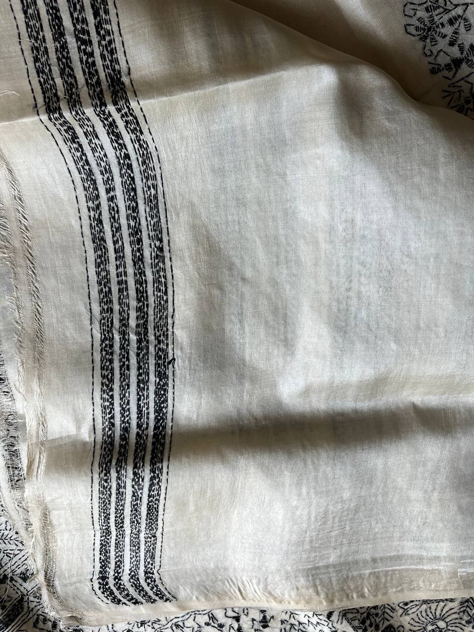 Off White Kantha Hand Embroidered Pure Tussar Silk Saree (Silk Marked)