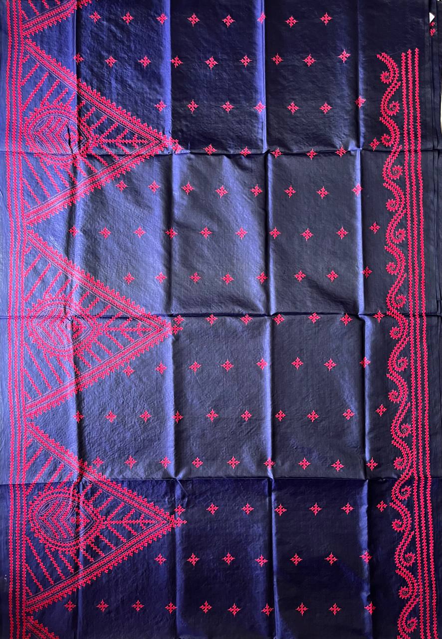 Kutch Hand Embroidered Pure Banglore Silk Saree – Navy Blue (Silk Marked)