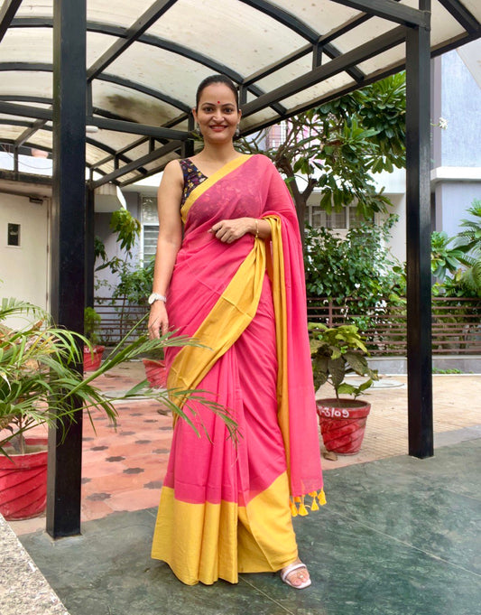 Plain Mul Cotton Saree With Border – Pink & Mustard