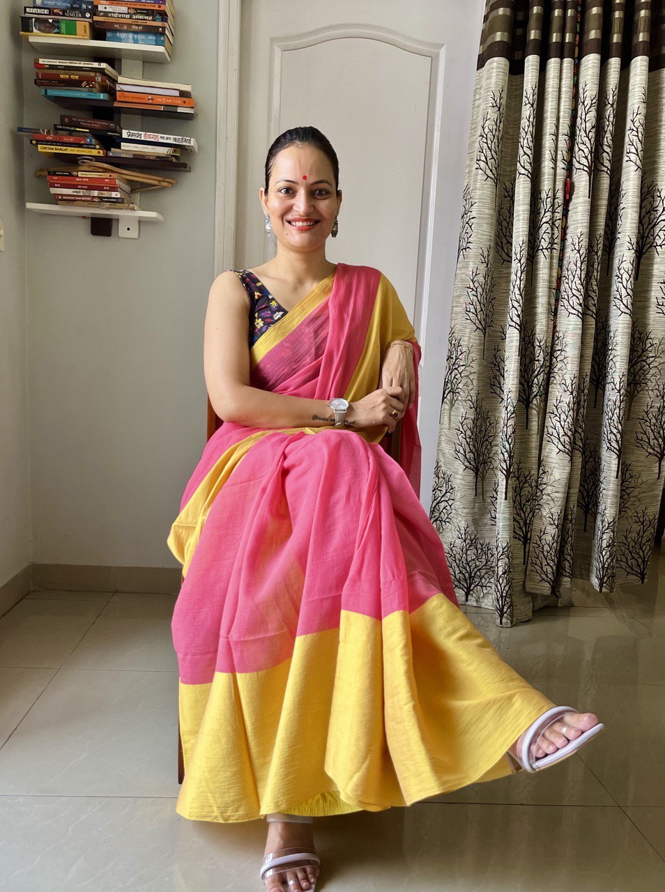 Plain Mul Cotton Saree With Border – Pink & Mustard