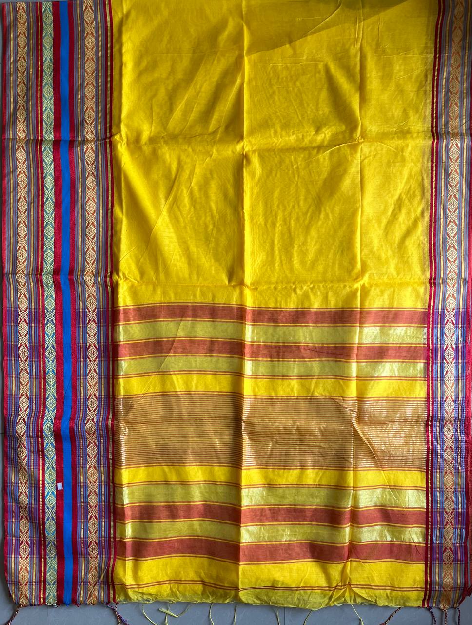 Cotton Thik Border Handloom Saree With Blouse- Yellow