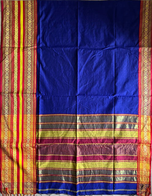 Cotton Thik Border Handloom Saree With Blouse – Blue