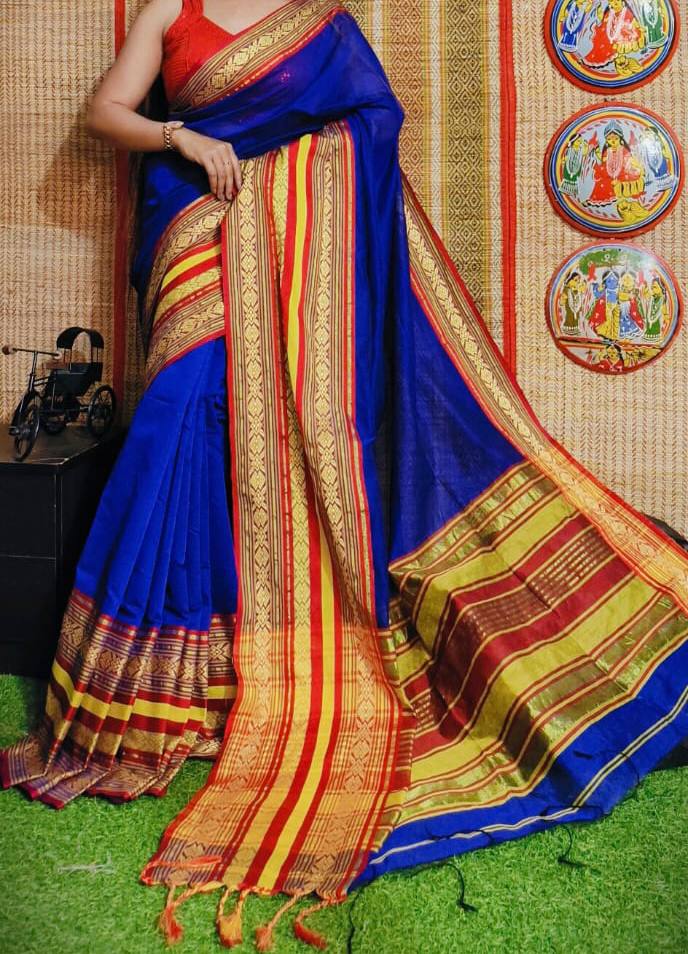 Cotton Thik Border Handloom Saree With Blouse – Blue