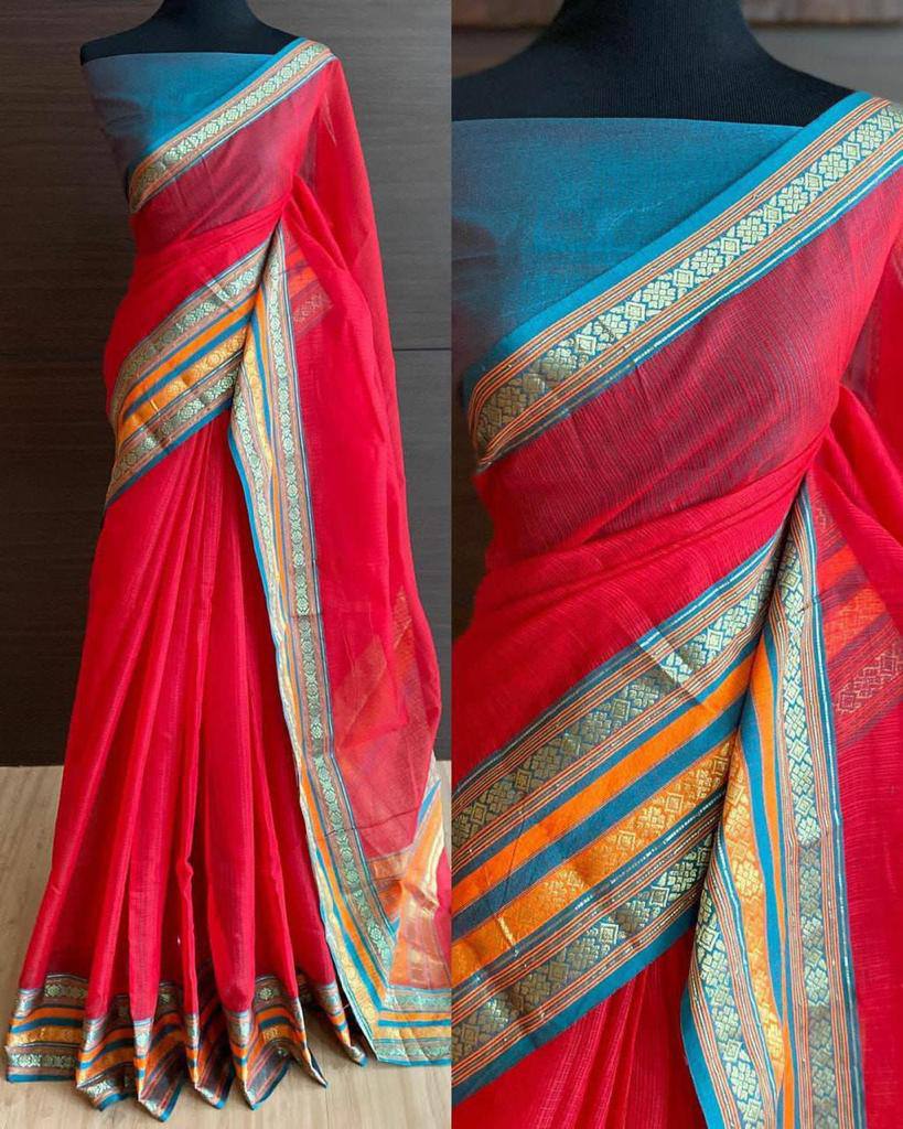 Cotton Silk Thik Border Handloom Saree With Blouse