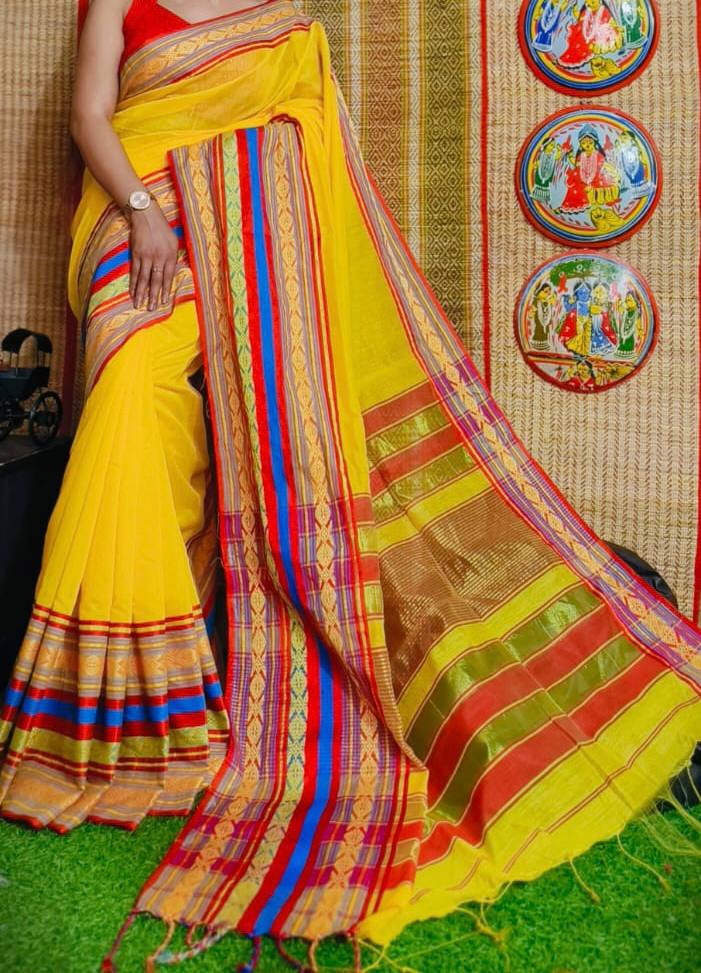 Cotton Thik Border Handloom Saree With Blouse- Yellow