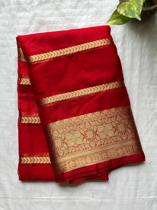 Red Banarasi Semi Georgette Silk Sarees with Unstitched Running Blouse