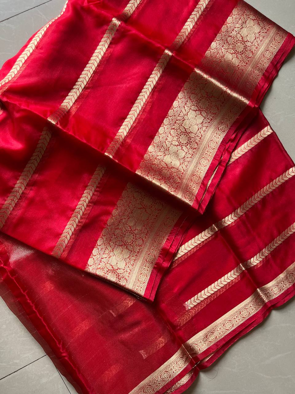 Red Banarasi Semi Georgette Silk Sarees with Unstitched Running Blouse