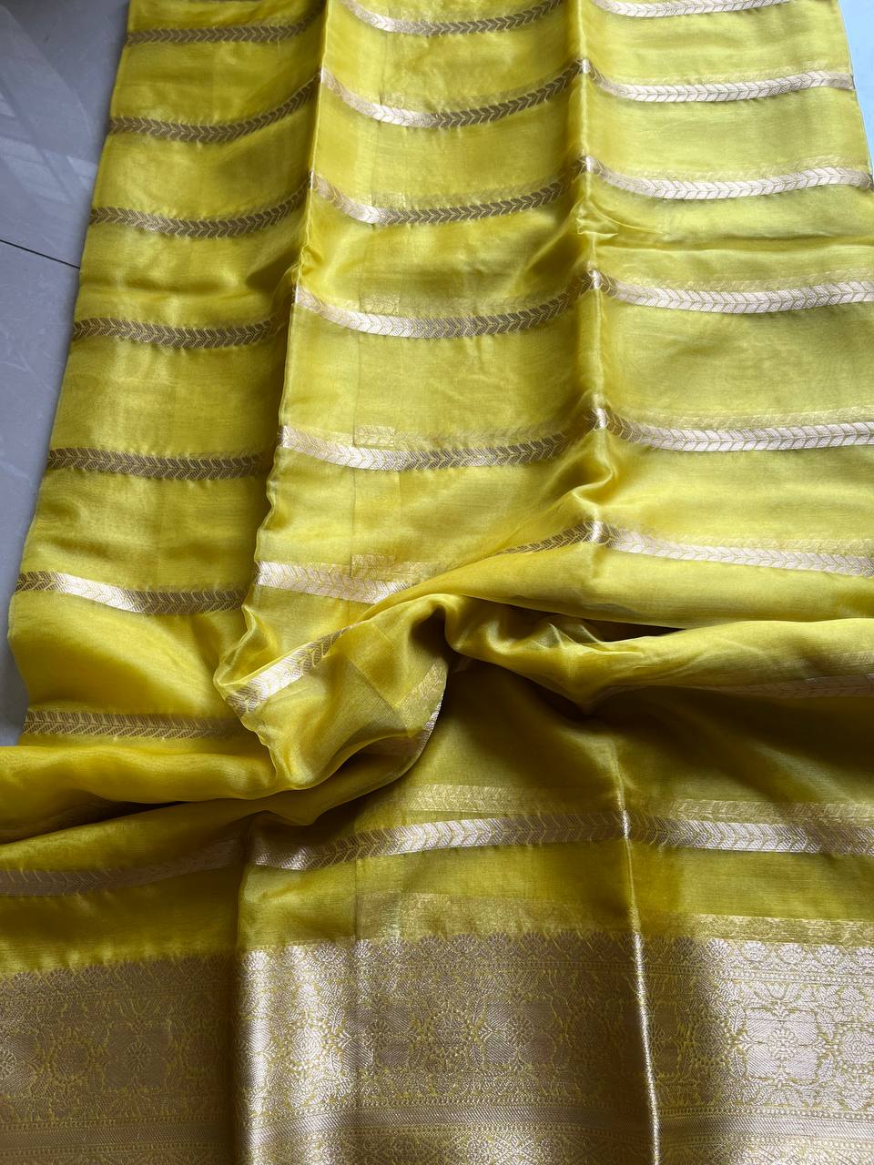 Yellow Banarasi Semi Georgette Silk Sarees with Unstitched Running Blouse