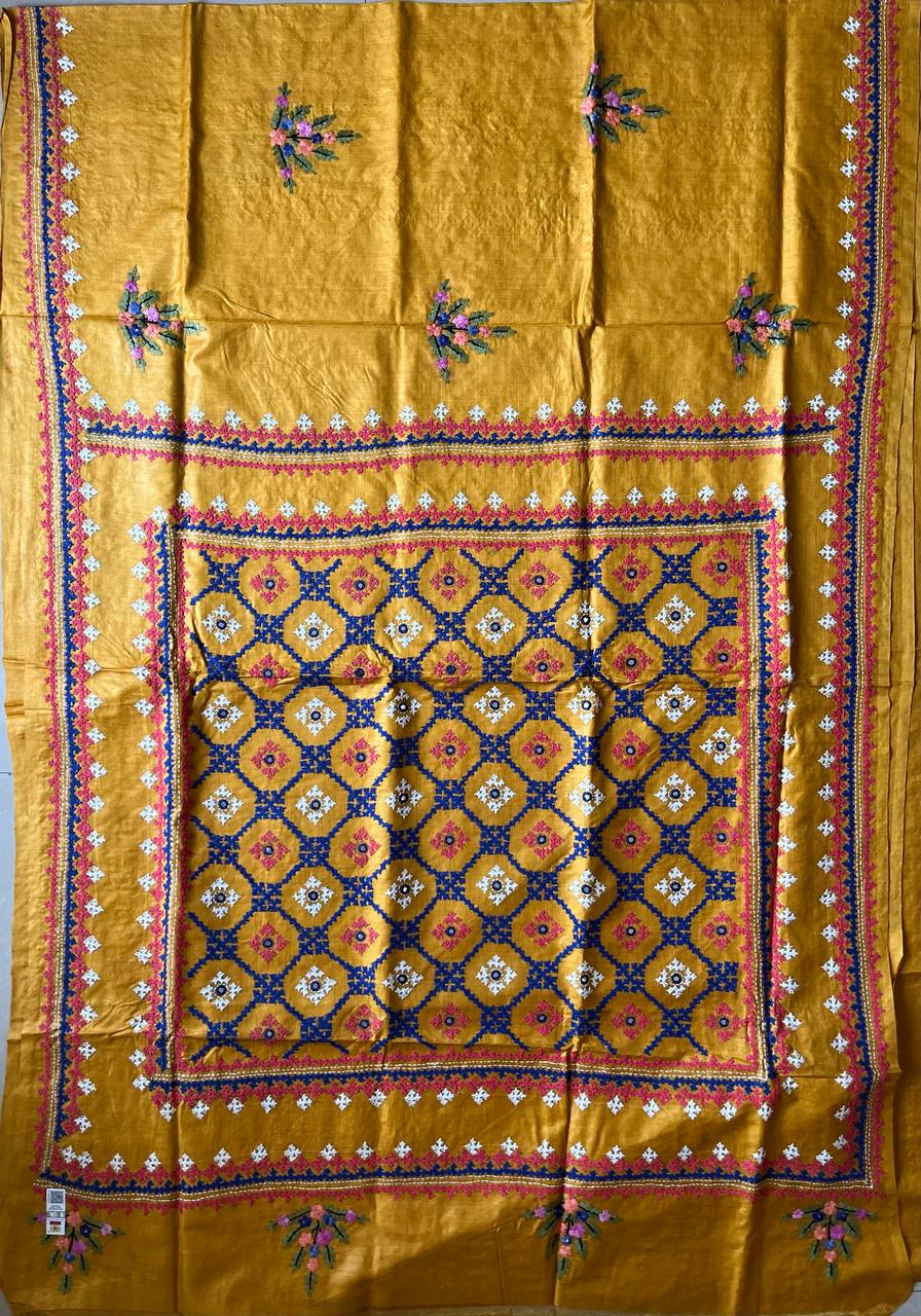 Mustard Kutch/Lambani Hand Embroidered Pure Tusshar Silk Saree (Silk Marked)