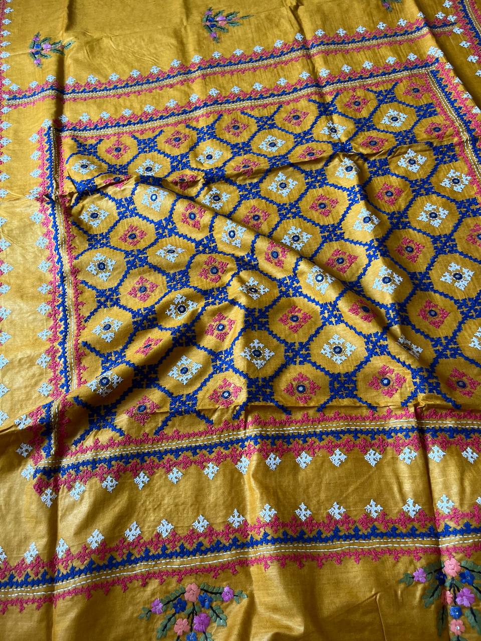 Mustard Kutch/Lambani Hand Embroidered Pure Tusshar Silk Saree (Silk Marked)