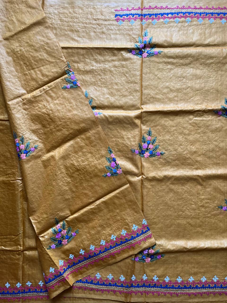 Mustard Kutch/Lambani Hand Embroidered Pure Tusshar Silk Saree (Silk Marked)