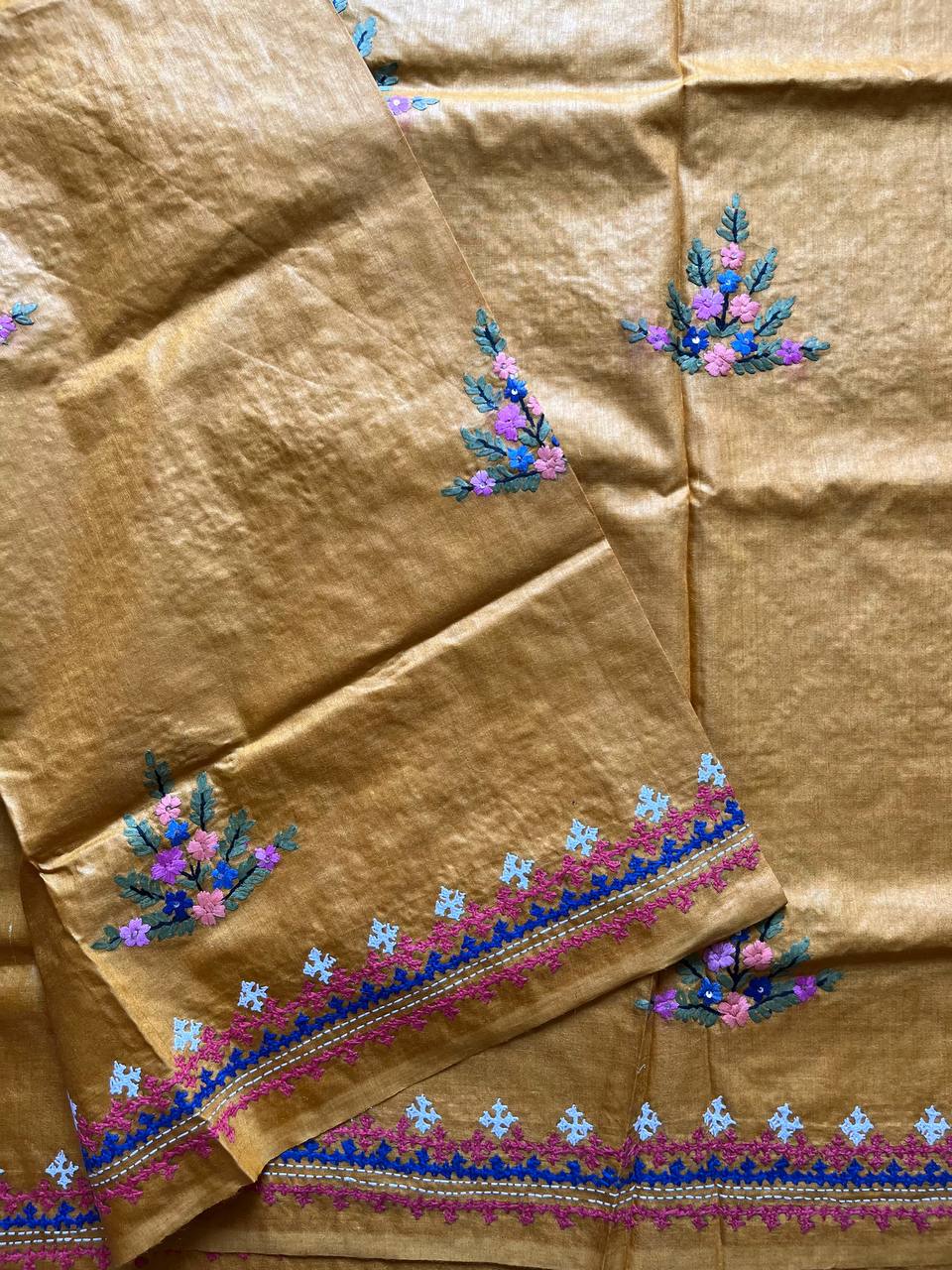 Mustard Kutch/Lambani Hand Embroidered Pure Tusshar Silk Saree (Silk Marked)