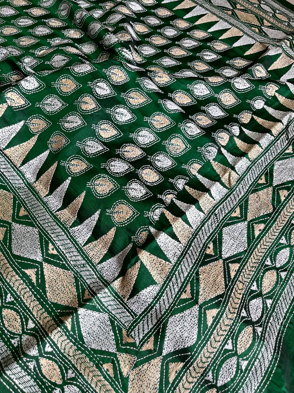 Kantha Hand Embroidary Full Work Pure Banglore Silk Dupatta. (With Silk Mark)