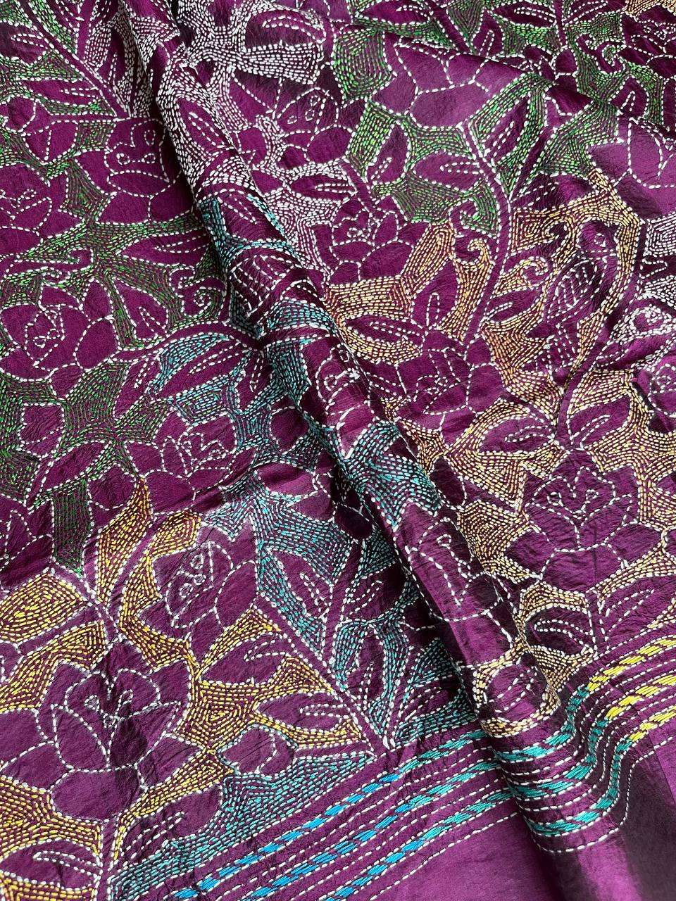 Kantha Hand Embroidary Full Work Pure Banglore Silk Dupatta. (With Silk Mark)