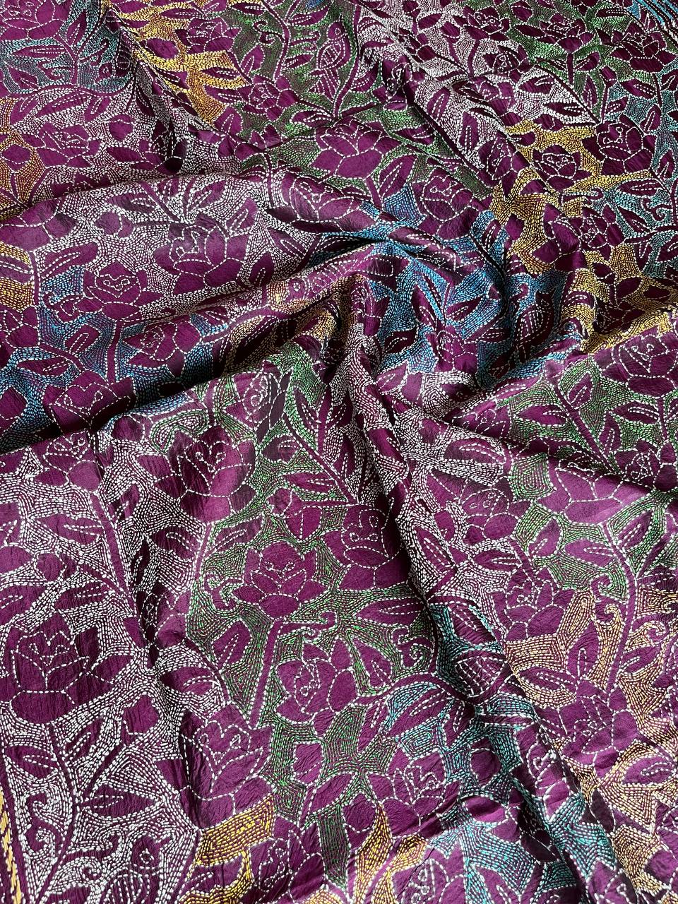 Kantha Hand Embroidary Full Work Pure Banglore Silk Dupatta. (With Silk Mark)