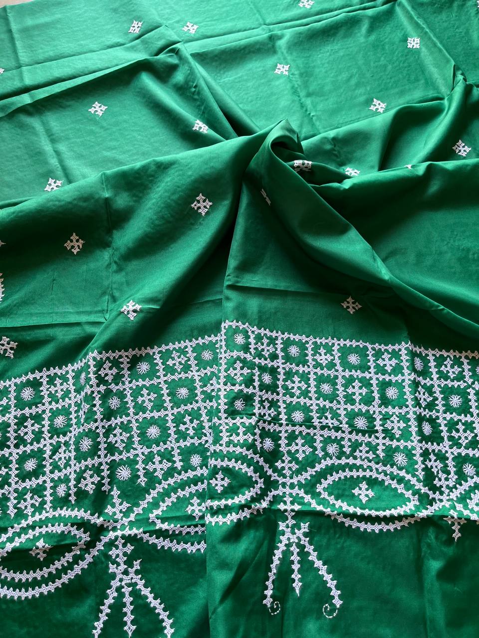 Kutch Hand Embroidered Blended Banglore Silk Dupatta Green