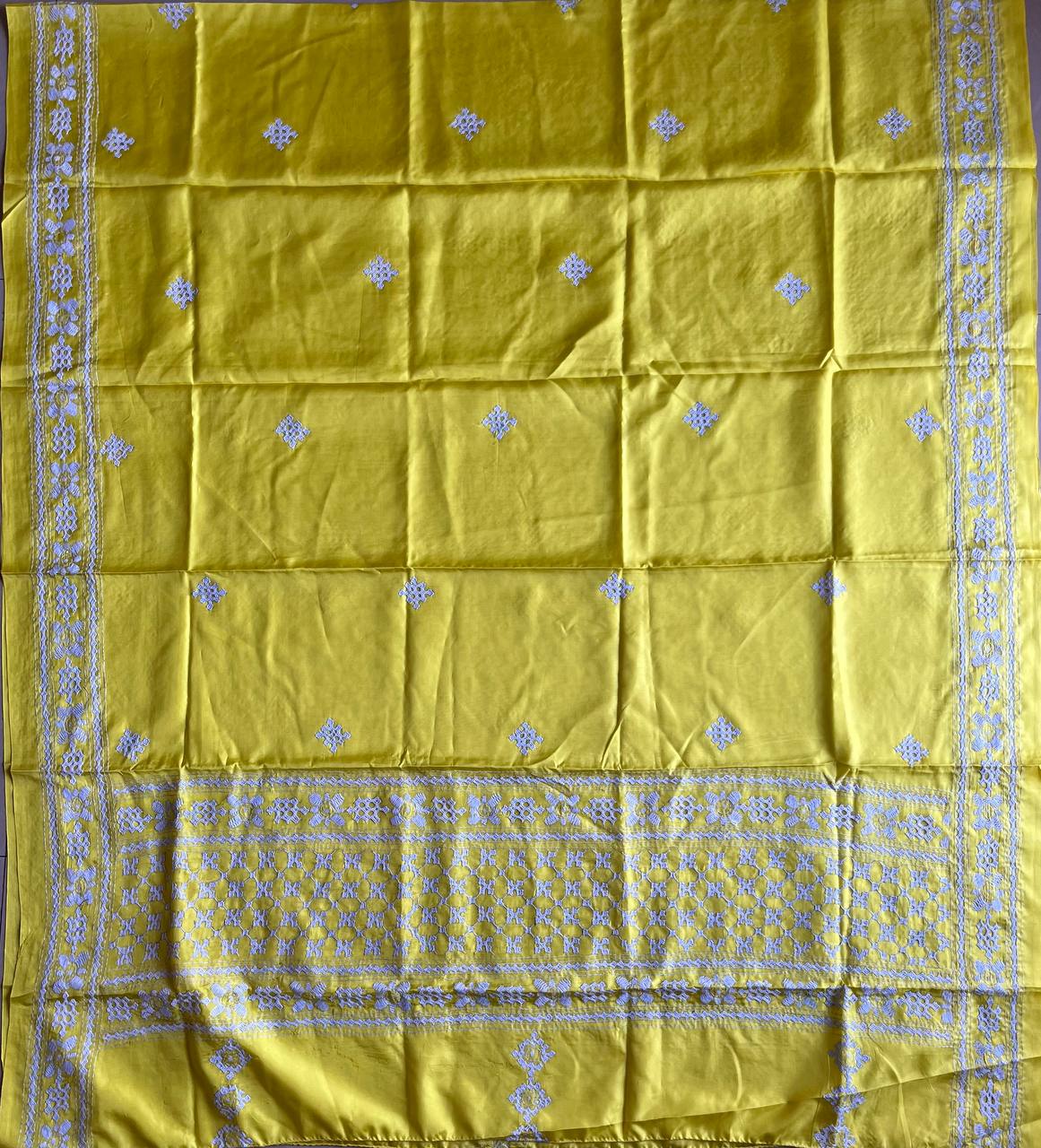 Kutch Hand Embroidered Blended Banglore Silk Dupatta Yellow