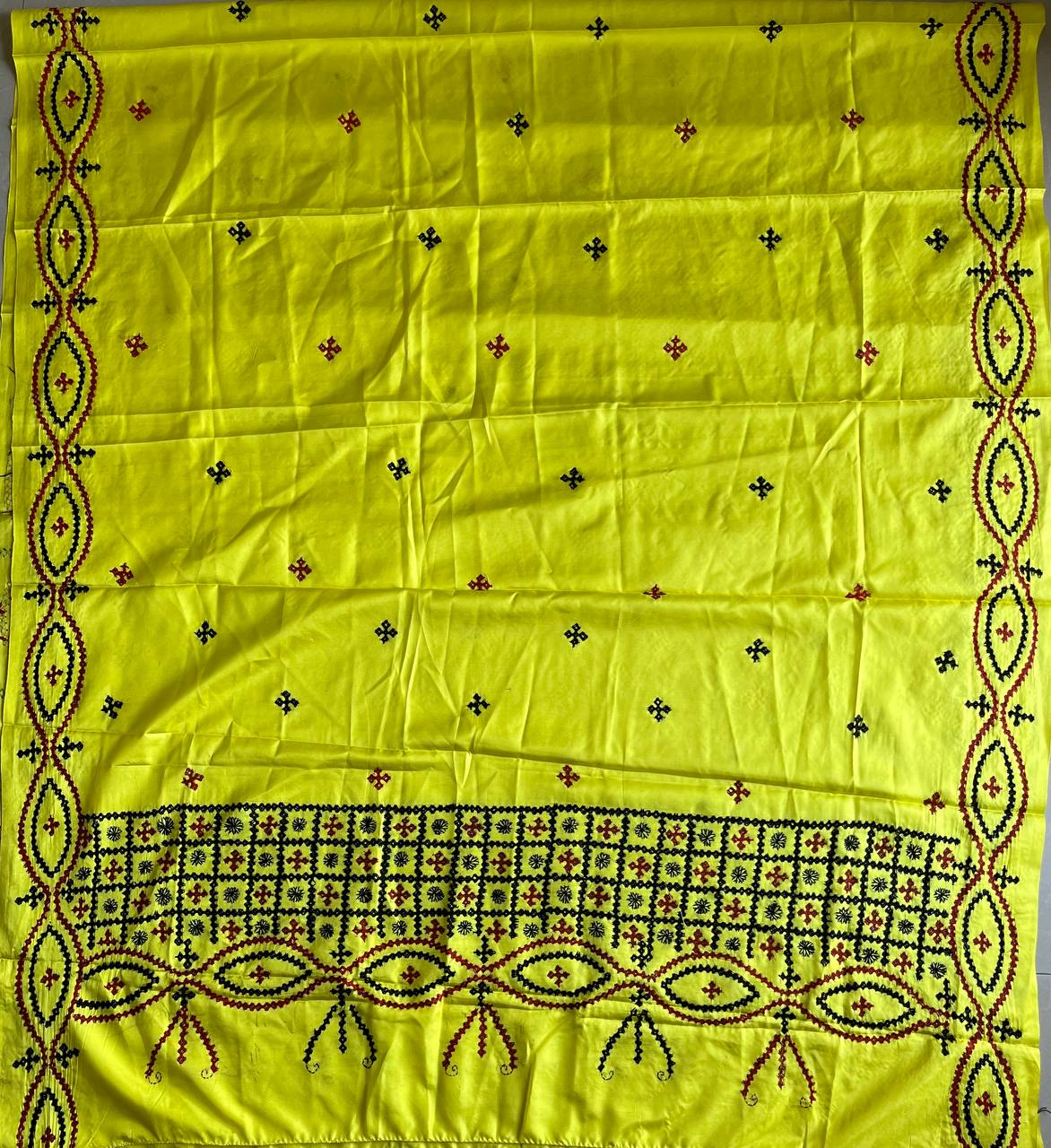 Kutch Hand Embroidered Blended Banglore Silk Dupatta Yellow