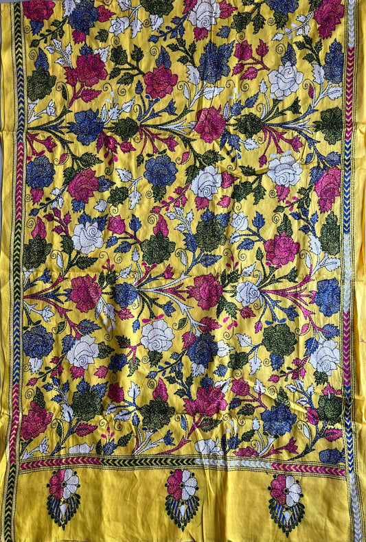 Kantha Hand Embroidary Full Work Pure Cotton Dupatta-Yellow “36”