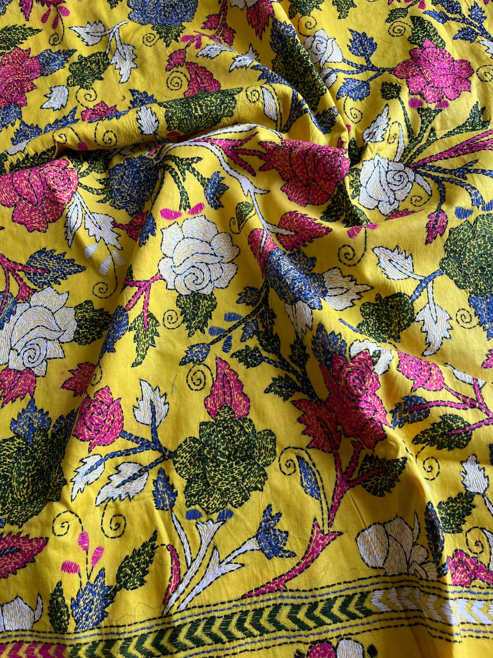 Kantha Hand Embroidary Full Work Pure Cotton Dupatta-Yellow “36”