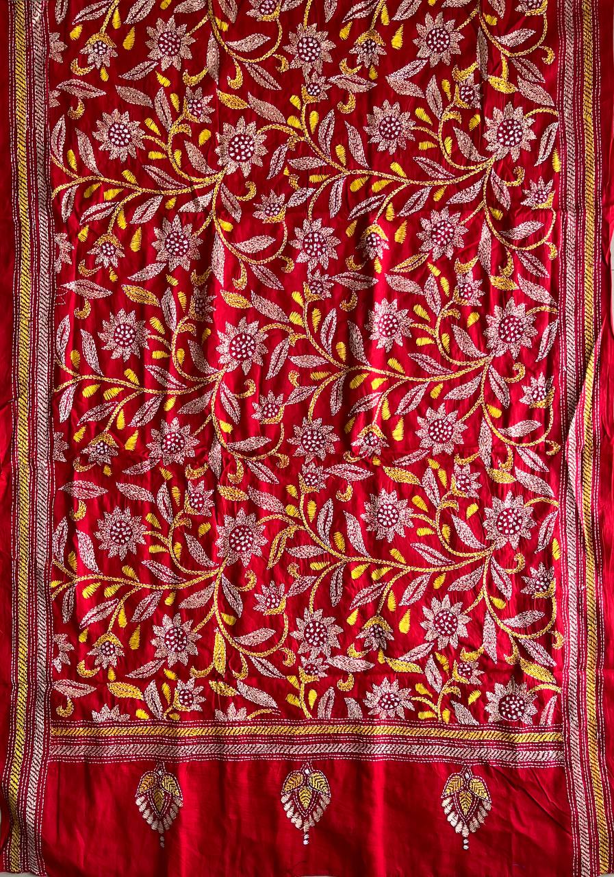 Kantha Hand Embroidary Full Work Pure Cotton Dupatta-Red “36”