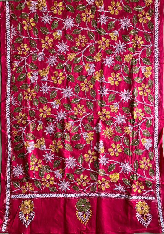 Kantha Hand Embroidary Full Work Pure Cotton Dupatta-Pink “36”